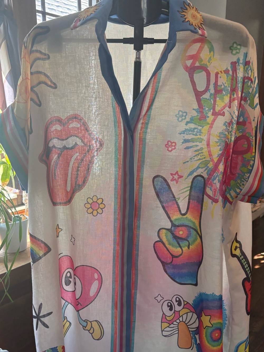 Peace & Love Psychedelic Graphic Long Duster Kimono Button Front Boho